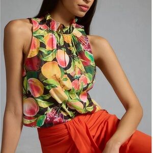 Maeve by Anthropologie Poplin Ruffle-Neck Halter Tank Fruit Tropical Print XS